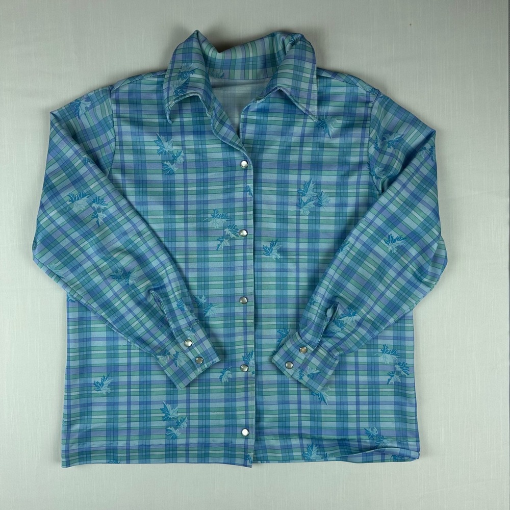 Vintage 70s Blue Green Plaid Leaf Print Snap Button Long Sleeve Shirt - Picture 1 of 7